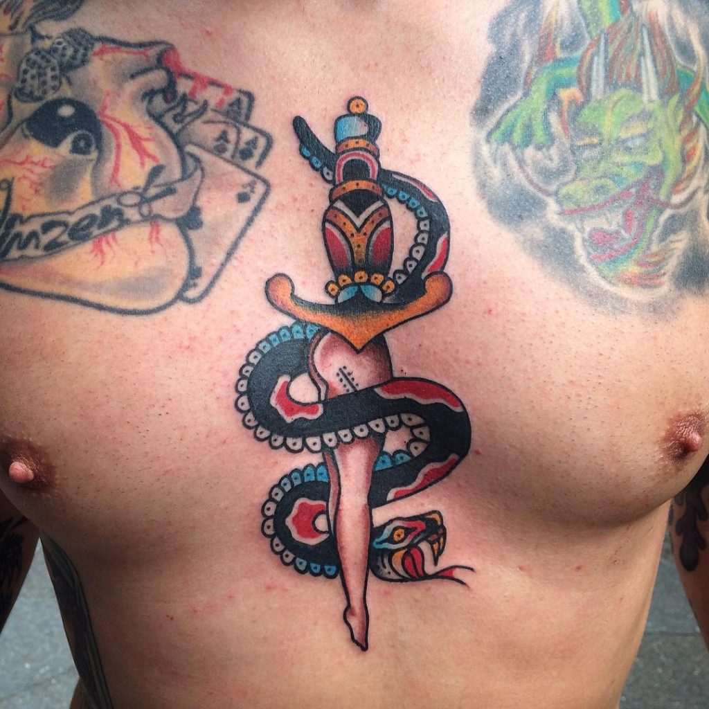 Single needle swords tattoo on the sternum