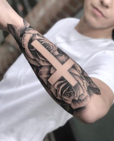 45 Interesting Half Full Sleeve Tattoo Designs For Men Women   Cross Sleeve Tattoo 25 365x450 