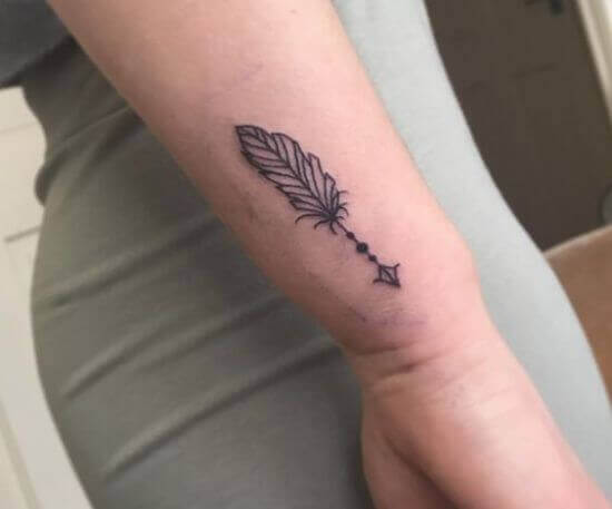 Small Arrow With Bird Feather Tattoo on Women Hand