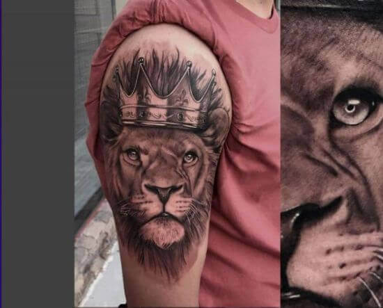 Upper arm lion with crown tattoo
