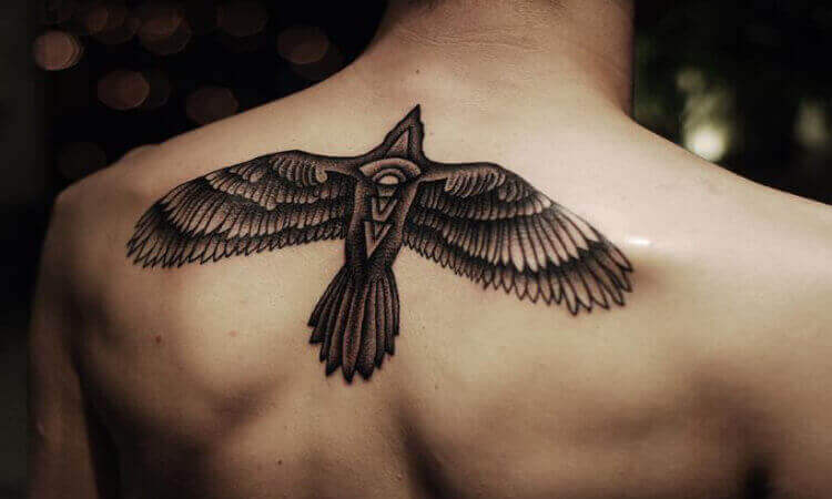 Black And Red Tribal Eagle Tattoo On Upper BAck