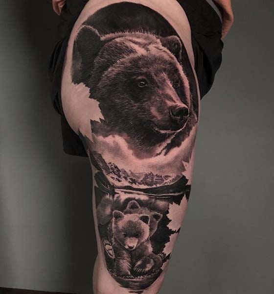 Done by Eric White at Let It Bleed SF thigh piece Bear and hounds are a  family tradition border is my addition  rtattoos