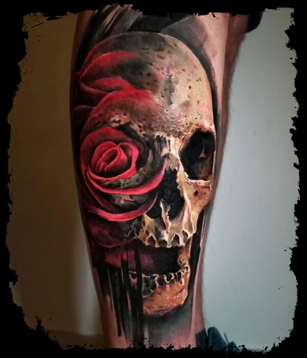 Skull-and-Rose-Leg-Tattoos-For-Men
