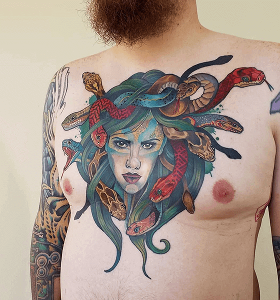 Colorful Medusa on Chest