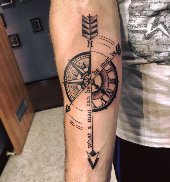 Compass With Arrow Tattoo On Girls Back