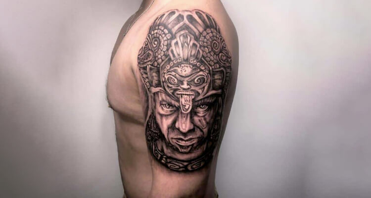 Wonderful Aztec Tribal Tattoo On Left Chest And Full Sleeve