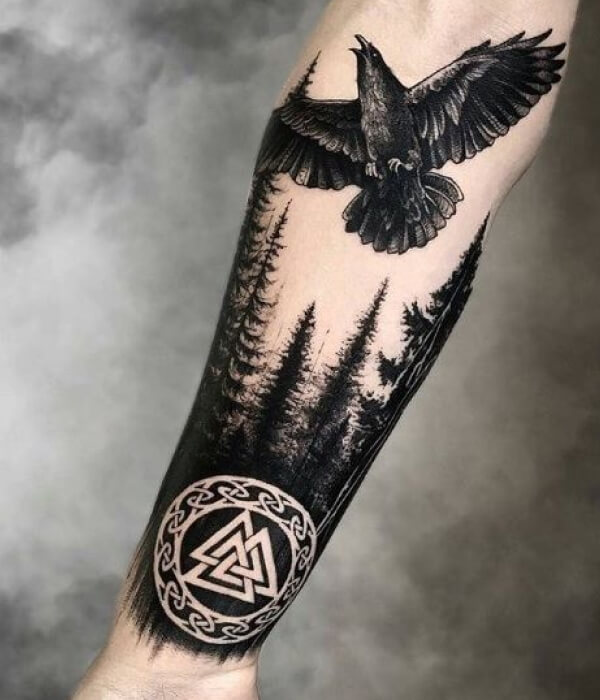 Awesome Black Raven Tattoo On Forearm