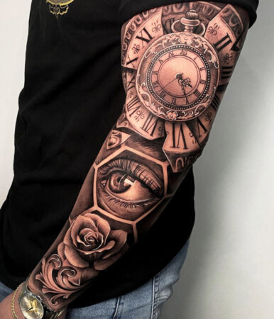 40 Latest Full Sleeve Tattoos For Men   Clock Full Sleeve Tattoo 386x450 