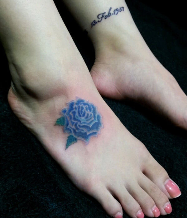 Small Blue Rose Foot Tattoo