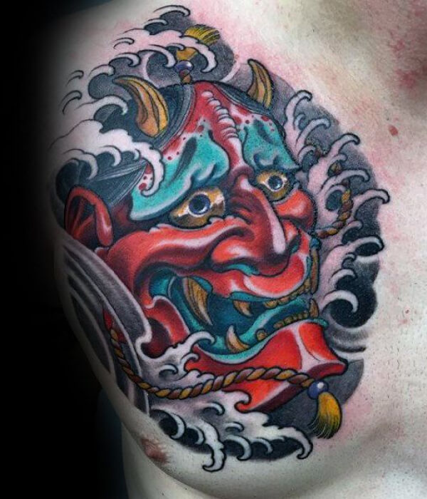 Oni Mask with Waves Tattoo