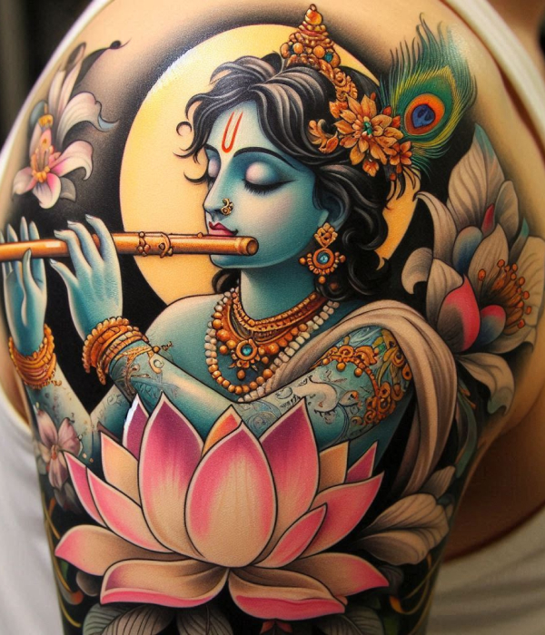 Krishna-Playing-the-Flute-in-a-Lotus