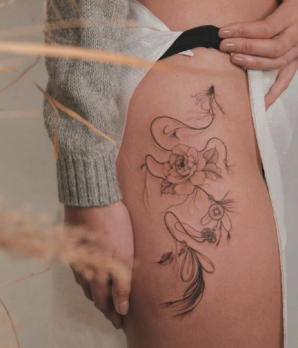 Fine-Line-Dragon-with-Flower-Tattoo