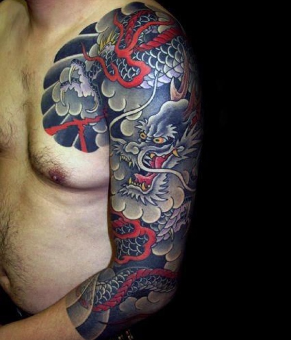 Japanese-Dragon-with-Clouds-and-Waves-Tattoo