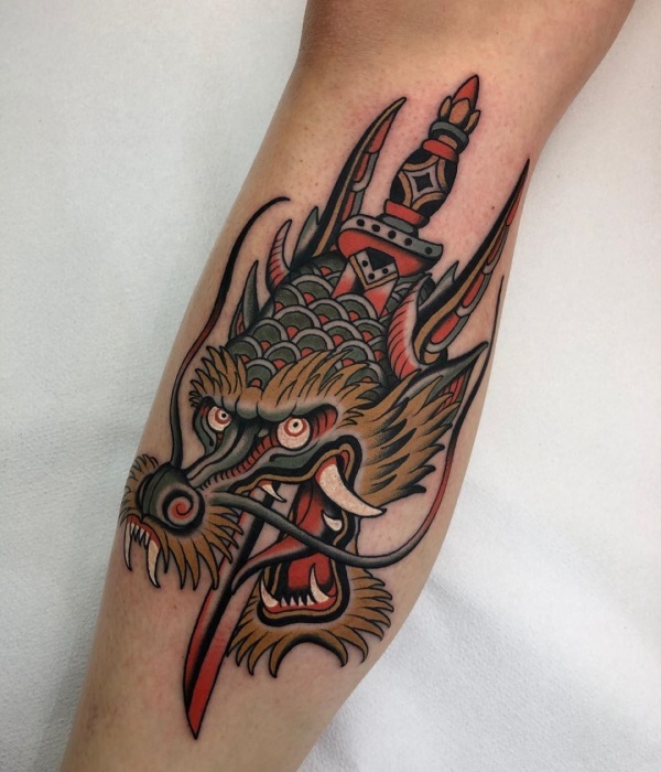 Neo-Traditional-Dragon-and-Dagger-Tattoo