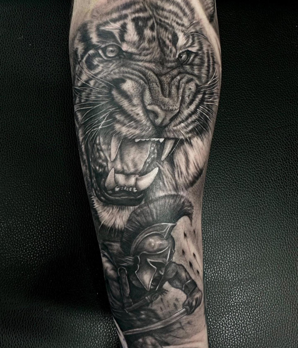 Tiger and Warrior Shin Black and White Tattoo