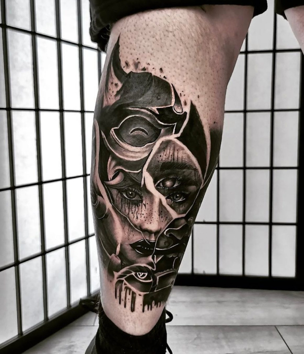 Woman Faces Calf Black and White Tattoo