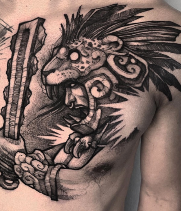 Aztec-Jaguar-Tattoo-on-Chest