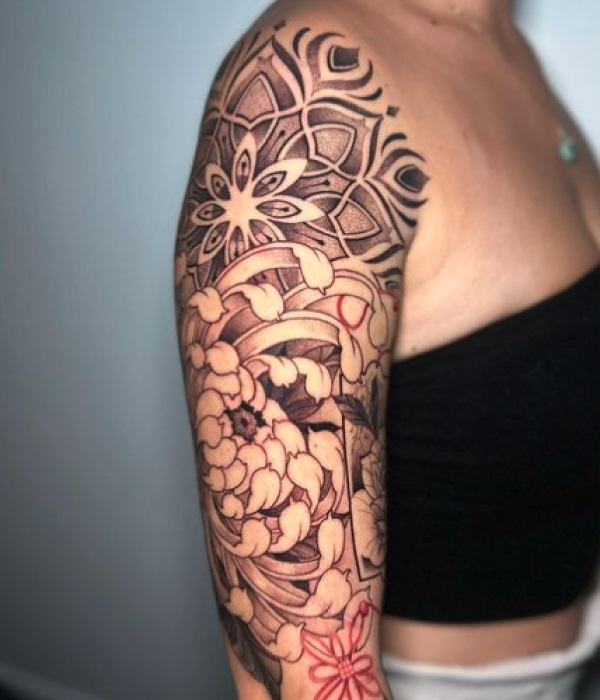 Full-Arm-Tribal-Flower-Tattoo