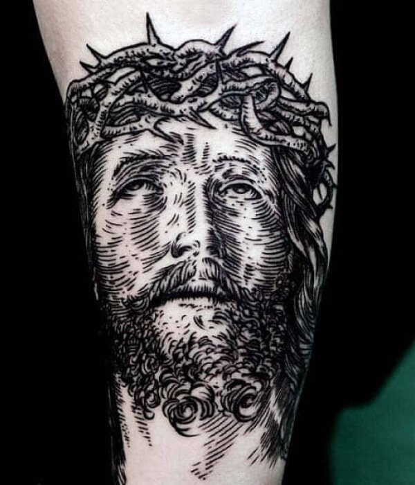 Jesus-Christ-wearing-a-Crown-Woodcut-Tattoo