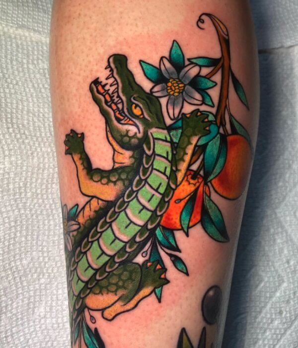 Alligator-Tattoo-with-Lillies