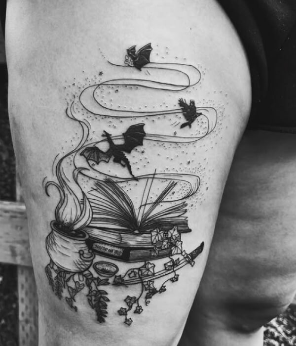 Black & White Magic Book Tattoo