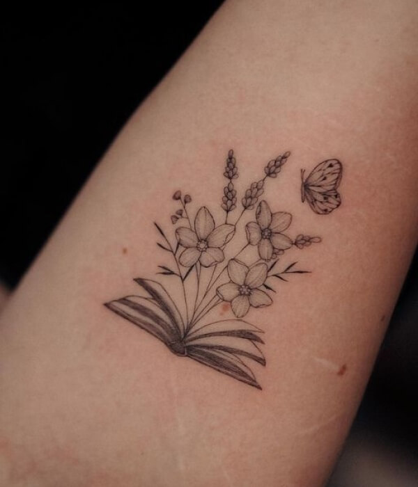 Book Tattoo with Butterflies and Leaves