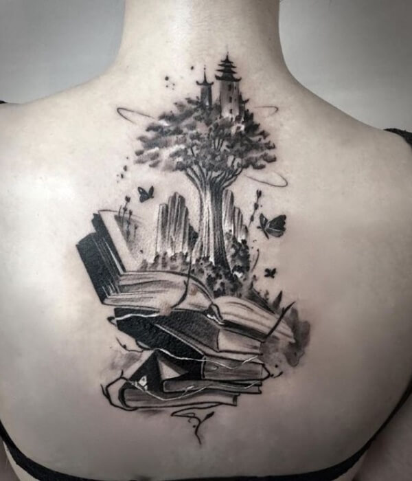 Book with a Tree Growing from Its Pages Tattoo